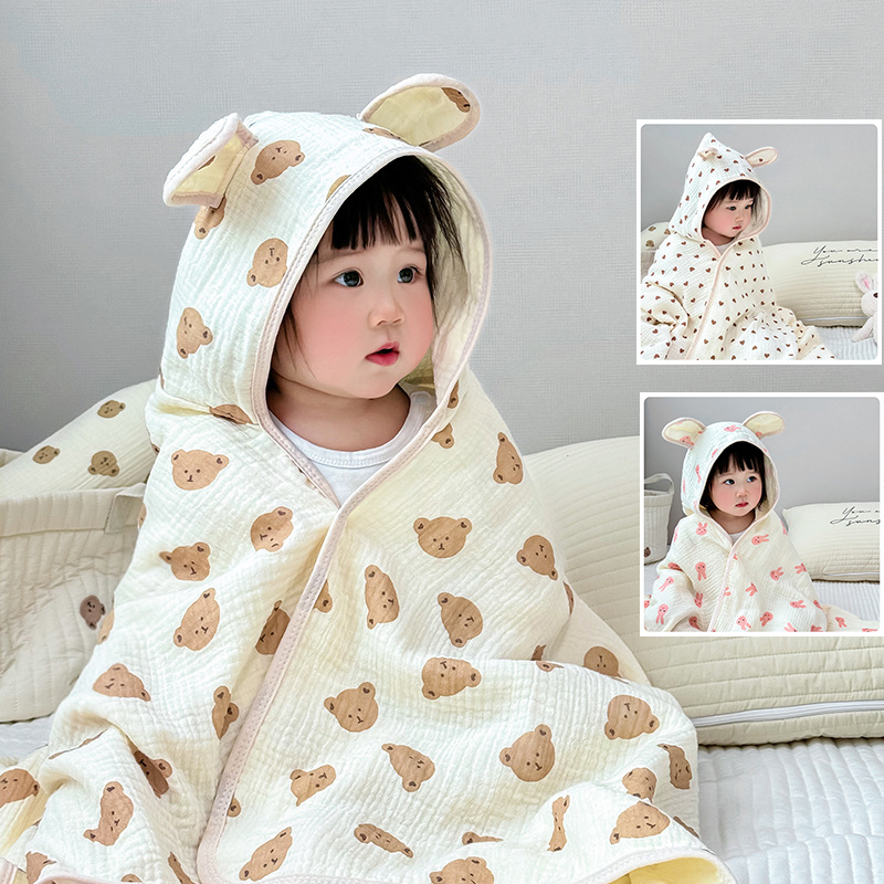Hooded Bath Towel - ベビーバスタオル 4層ガーゼコットンマントタオル 帽子付き 赤ちゃん 四季対応 フード付き漫画柄バスローブ