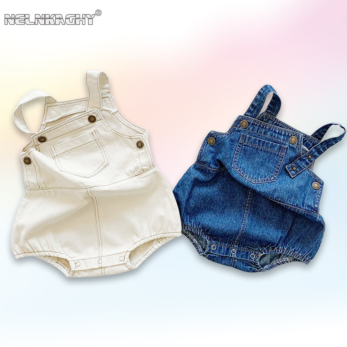 Baby Overall Denim - 2025年夏新作、新生児の男女兼用ノースリーブ無地デニムオーバーオール、キッズベビーロンパース、コットンボディスーツ