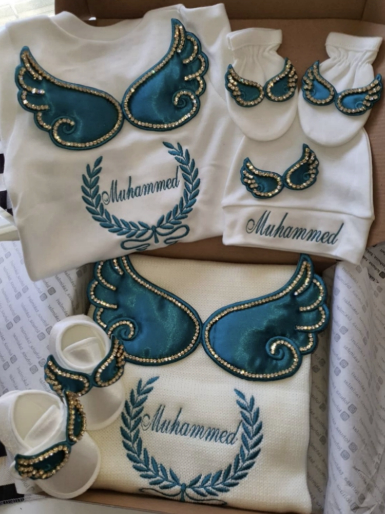 Baby Clothing Names - Dollbling 病院出口 5 個刺繍名入り新生児角翼ロンパースブランケット保育園寝具おくるみ手作り幼児服