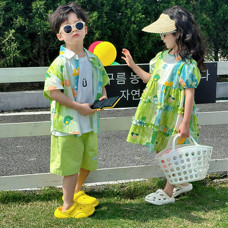 Baby Clothing Drawing - 兄弟姉妹マッチング面白い衣装赤ちゃん双子服少女グリーンドレス休暇子供男の子シャツ兄弟服
