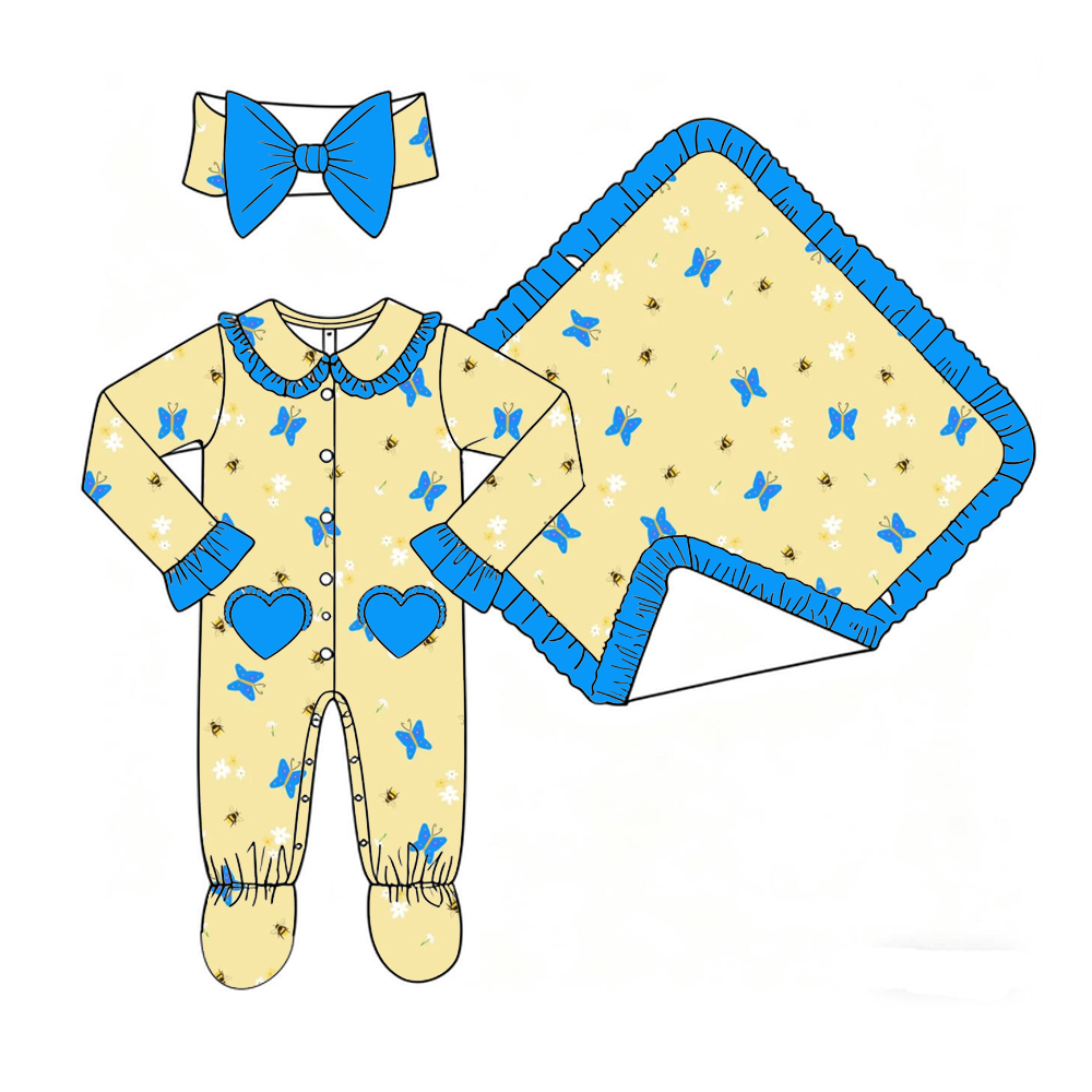 Baby Clothing Boutique - ブティック子供服セット ベビー服3点セット 長袖ジャンプスーツ ブランケット リボンヘッドウェア 花柄レモンプリント