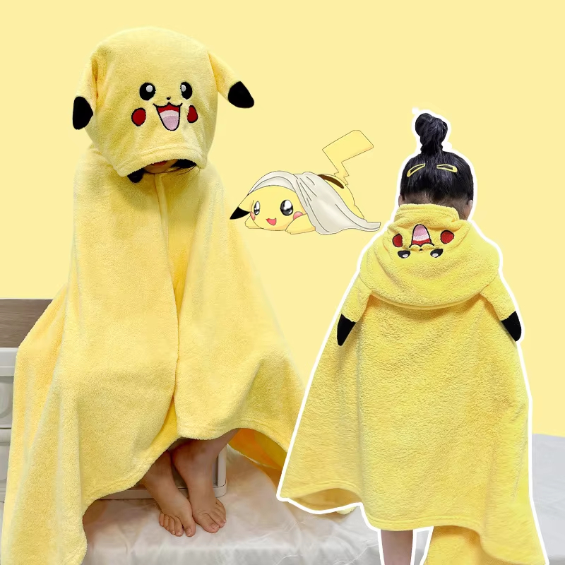 かわいいピカチュウぬいぐるみフランネル子供用バスタオル漫画ワ - Hooded Bath Towel のレビューと価格